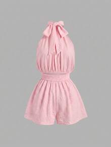 Sweetra Women's Spring/Summer Sweet Pastoral Vacation Casual Daily Street Party Versatile Floral Textured Jacquard Fabric Backless Bowknot Decor Light Yellow Romper - Pink - View 2