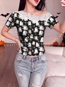 Modelyn Halloween Ghost Floral Bow Print Short Sleeve Top, Black And Pink Lace Patchwork Asymmetrical Shoulder Slim Fit Cropped Base Layer - Multicolor - View 4