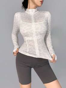DAZY Women's Autumn Stand Collar Long Sleeve White Leopard Print All-Over Slim Fit Sports Fitness Casual Commute Jacket,Korean Style - White - View 6