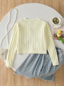 Girls' Heart Pattern Knitted Sweater With Handmade Bow, Long Sleeve - Yellow - View 2