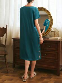 Côtesoire 女式羽毛印花圆领短袖长睡袍，夏季，Moo Moo - 彩色 - 查看 2