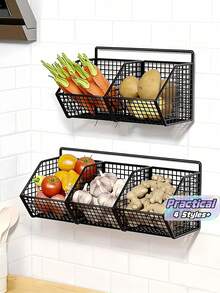 Durable Metal Wall-Mounted Kitchen Basket Rack, Multi-Functional Kitchen Storage Organizer, Can Hang Spices, Garlic, Onions, Vegetables, Effectively Improve Kitchen Space Utilization And Reduce Clutter - Black - View 1
