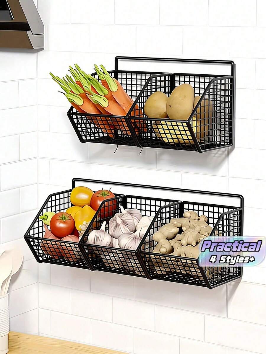 Durable Metal Wall-Mounted Kitchen Basket Rack, Multi-Functional Kitchen Storage Organizer, Can Hang Spices, Garlic, Onions, Vegetables, Effectively Improve Kitchen Space Utilization And Reduce Clutter - Black - View 1