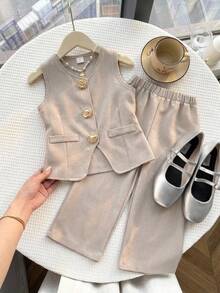 Souflis Young Girls Set, Boho, Trousers, Autumn, Fall, Fall Clothes, Fall Tops, Back To School, Babydoll Tops, Brown Top - Khaki - View 8
