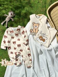 SHEIN Vintaside Kids 男嬰幼兒 0-3 歲，可愛動物印花連身衣三件套 - 棕色 - 查看 4