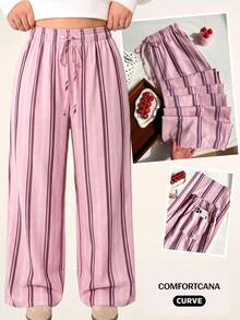 Comfortcana Spring/Summer Vacation Style Linen Casual Plus Size Women's Striped Waist Tie Pants - Baby Pink - View 3