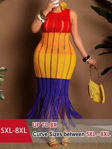 SHEIN CURVE+ CURVE 女士针织连衣裙，多色可选，黄色、橙色、紫色，无袖，圆领，流苏，镂空设计，显瘦性感，女士针织连衣裙，女士外套，春季、夏季、度假装。 - 彩色 - 查看 1