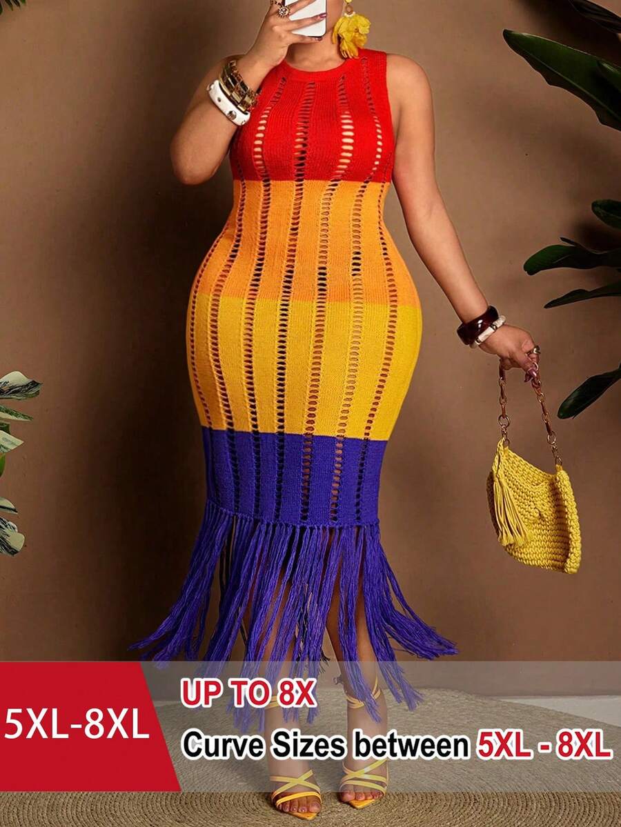 SHEIN CURVE+ CURVE 女士针织连衣裙,多色可选,黄色、橙色、紫色,无袖,圆领,流苏,镂空设计,显瘦性感,女士针织连衣裙,女士外套,春季、夏季、度假装。 - 彩色 - 查看 1