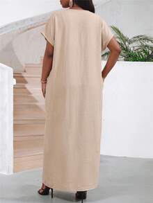 SHEIN Lady Solid Color Notch V-Neck Versatile Dress For Middle-Aged And Elderly Women - Camel - View 2