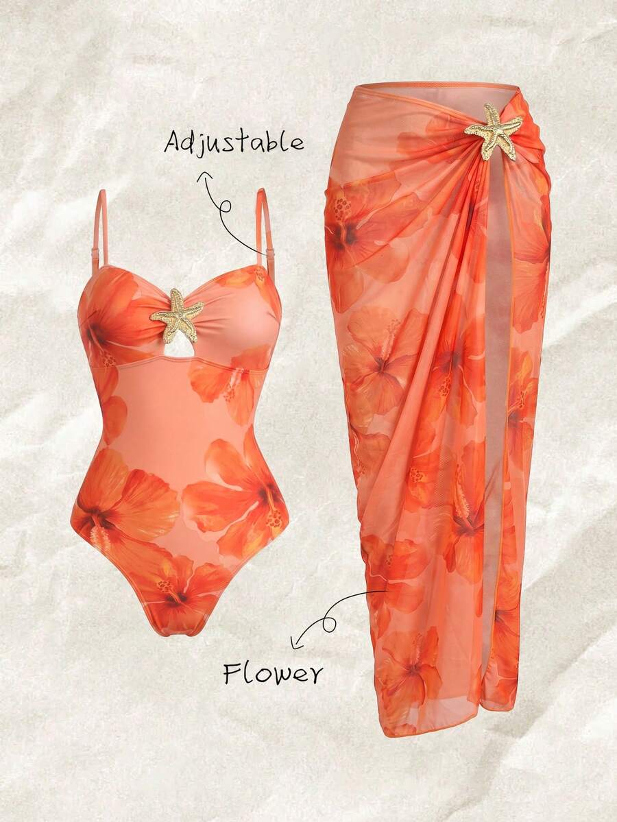 Elavelle Women's Spring/Summer Random Print Spaghetti Strap Metal Decor Long Dress 2-Piece Set One-Piece Swimsuit - Multicolor - View 1