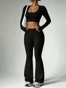 INAWLY Solva Women's Solid Color Cropped Long Sleeve Top And Casual Flared Pants 2 Pieces Set Pilates Gym Black Autumn - Black - View 1