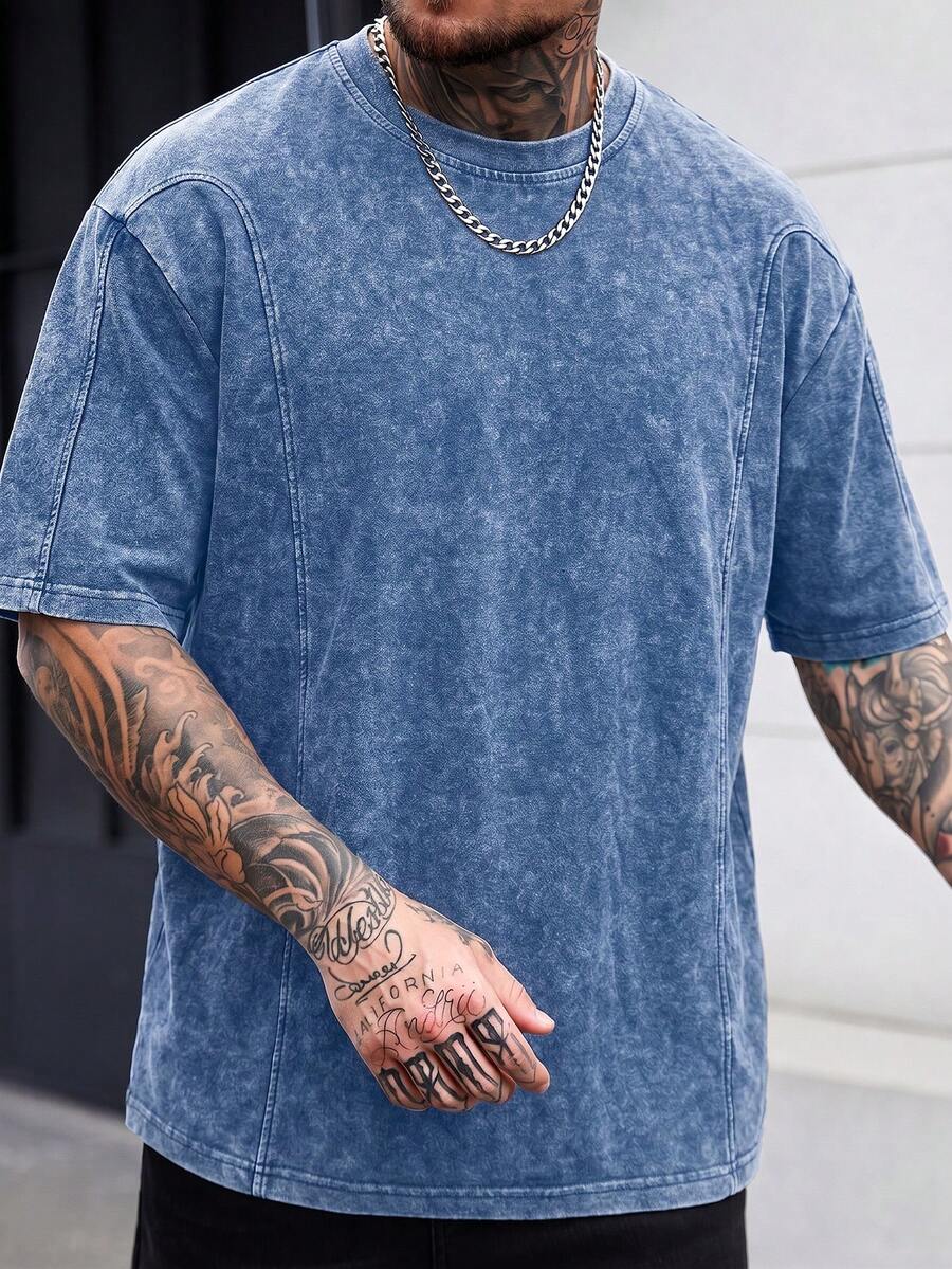 Manfinity CasualCool 男士夏季休閒水洗做舊破洞T恤 - 藍色 - 查看 1