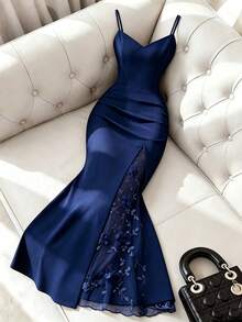 Franclia 优雅时尚女士无袖网纱拼接连衣裙，黄色连衣裙，春夏连衣裙，优雅连衣裙，沙滩连衣裙，派对连衣裙，约会连衣裙，百搭连衣裙，通勤连衣裙 - 藏蓝色 - 查看 1