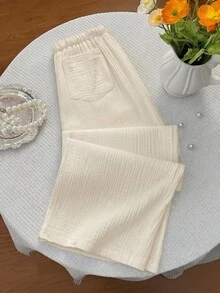 Elamini 女款夏季白色純色休閒百搭長褲，抽繩腰帶口袋設計，純棉可追溯棉舒適寬鬆百搭長褲 - 杏色 - 查看 2