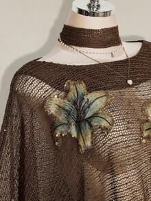 SHEIN ICON 女款度假風性感花卉刺繡棕色鏤空針織上衣 - 棕色 - 查看 8