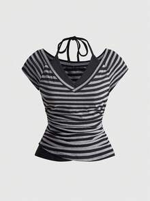 ROMWE Grunge Punk Kaos Rajut Patchwork 2 in 1 Garis-garis Hitam & Abu-abu Kasual Wanita - Dark Grey - View 1