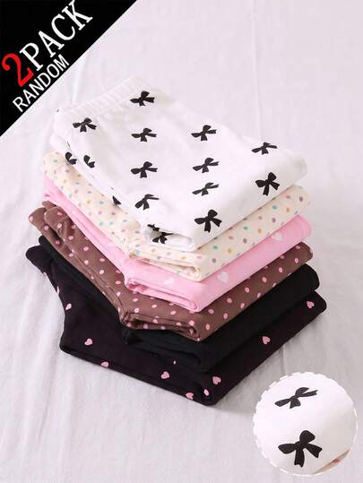 [Random 2pcs]Girls' Toddler Leggings, New All-Season Heart, Polka Dot, Bow Combination Knitted High Elastic Simple Fashion Comfortable Casual Knitted Leggings 2pcs/Pack, Skin-Tight Comfortable, Simple Basic Style Anti-Exposure, Home And Outdoor Wear 2pcs