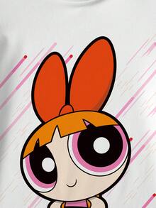 THE POWERPUFF GIRLS X SHEIN 女童字母卡通印花圓領短袖休閒洋裝 - 白色 - 查看 4