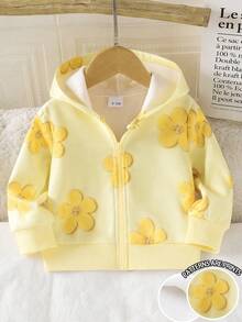 SHEIN 女嬰甜美極簡花卉3D效果印花連帽拉鍊長袖抓絨衛衣外套，柔軟面料，適合秋冬外出穿著 - 彩色 - 查看 7
