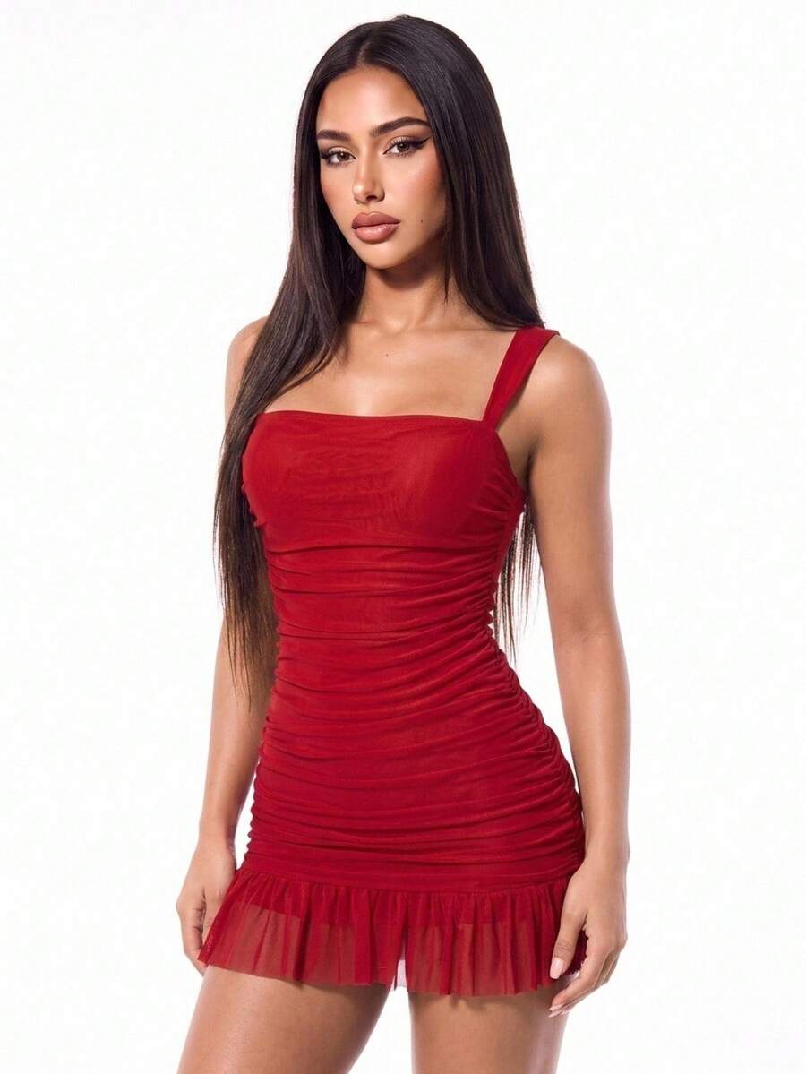 SHEIN ICON Women Elegant Sexy Solid Color Mesh Ruched Bodycon Mini Dress Club Night Out Red Summer - Red - View 1