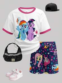 My Little Pony X SHEIN Young Girl Cartoon Print Contrast Trim Short Sleeve T-Shirt And Shorts Casual Daily Set - White - View 1