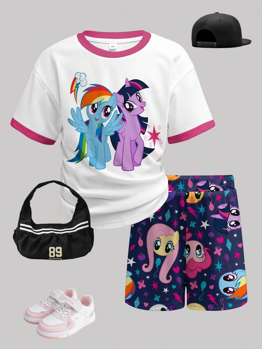 My Little Pony X SHEIN Young Girl Cartoon Print Contrast Trim Short Sleeve T-Shirt And Shorts Casual Daily Set - White - View 1