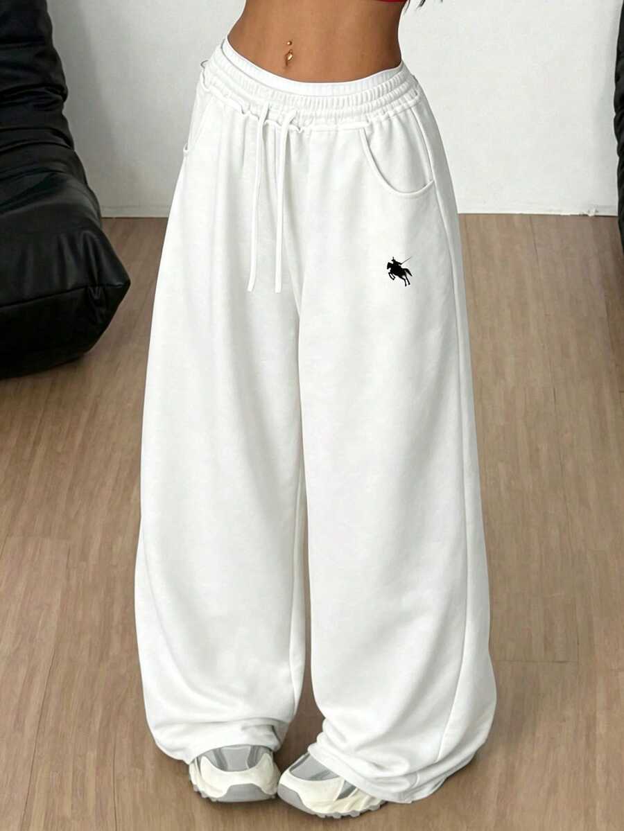 SHEIN 女童大童寬鬆休閒舒適中腰對比色抽繩運動長褲 冬季 - 白色 - 查看 1