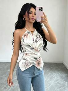 Elenzga Women's Spring/Summer Exquisite Elegant Butterfly Floral Print Spaghetti Strap Crossover Tie Waist Slimming Fitted Camisole Top - Multicolor - View 6