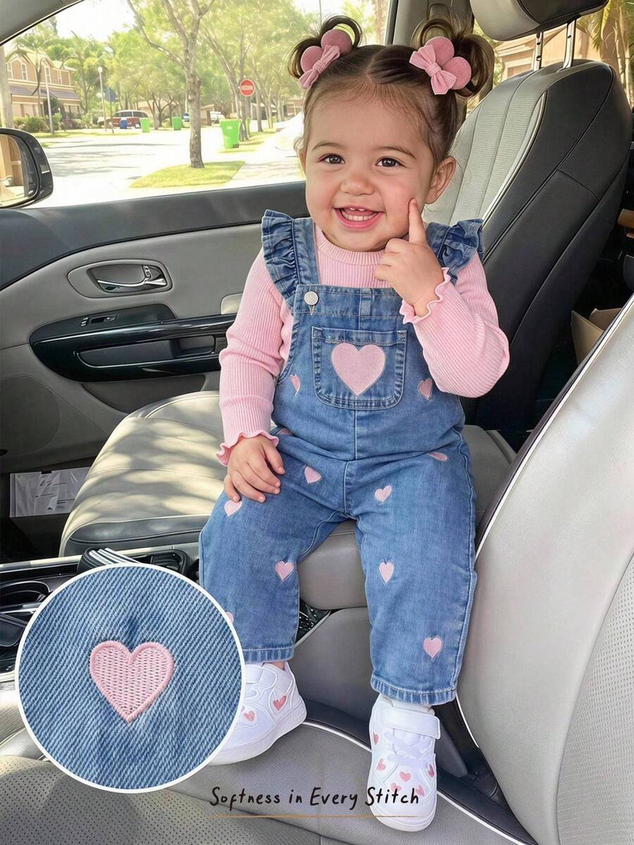 Cozy Pixies Baby Girl Pink Heart Embroidered Pattern Blue Denim Overalls Pcs - Blue - View 1