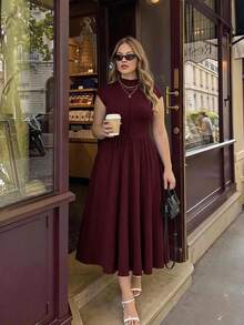 SHEIN MOD Plus Size Women's Brown High Neck Long Knit Dress,Valentine's Day,Wedding,Elegant Dresses,White Dress,Wedding Guest Dress For Women, Spring/Summer Outfits, Tea Party Outfit Women, Holidays, Birthday - Burgundy - View 8