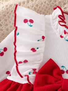SHEIN Playful Pals Newborn Girls Knitted Ribbed White Ruffle Lace Large Trim Patchwork Waist-Cinched Textured Fabric Dress, Sweet Cute Casual Spring Dress For Kids - Red - View 6