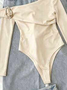 IslaSuriya Autumn Elegant Metal Decor One Shoulder Bodysuit For Women - Apricot - View 4