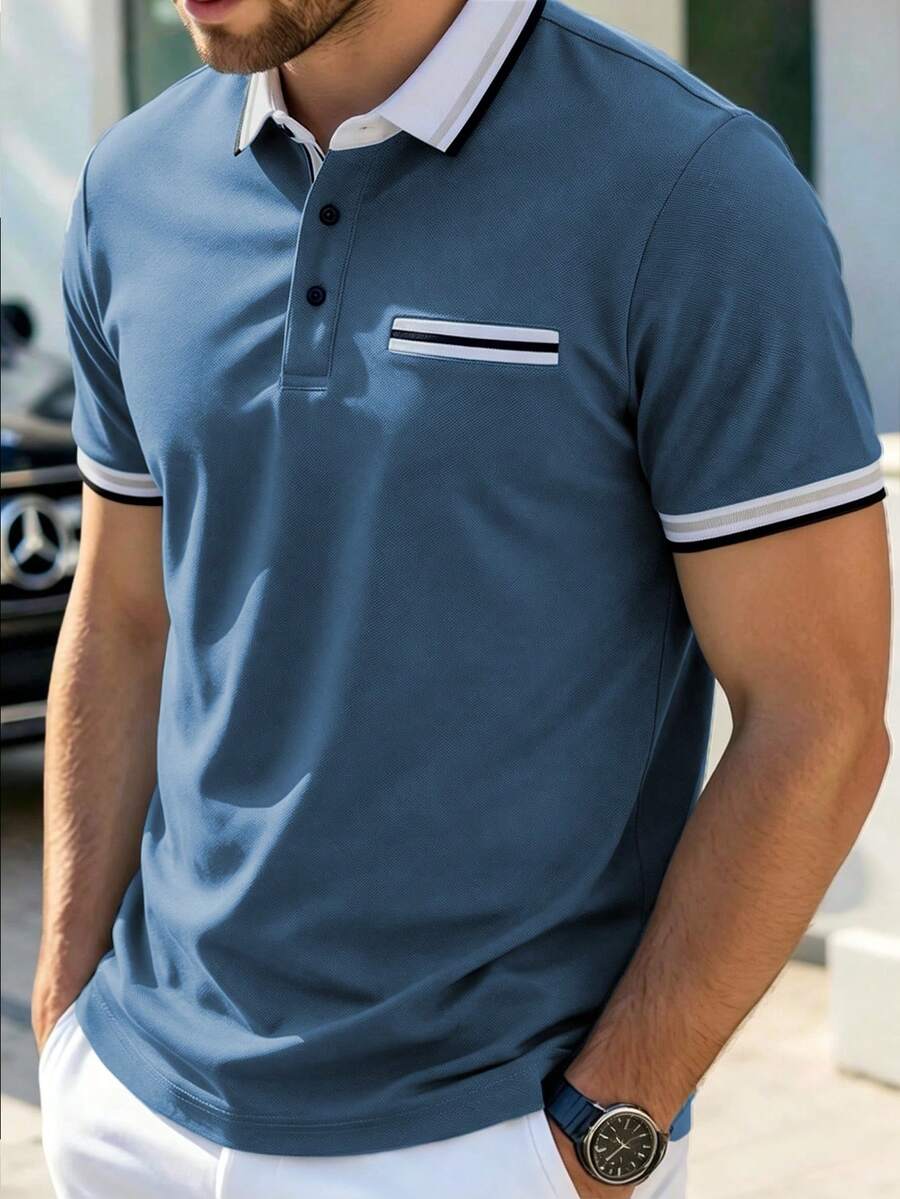 Manfinity Mode 男士夏季休閒拼接配色 Polo 衫 - 水鴨藍 - 查看 1
