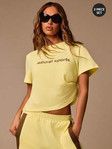 Athîral Women's Casual Letter Embroidered Top Contrast Color Pants Pale Yellow Pastel Yellow 2pcs Set Summer Clothes Going Out Gym Workout Sportswear - Yellow - View 3
