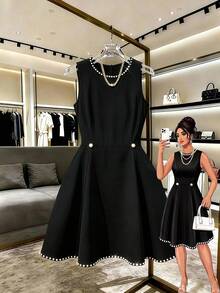 GlowEve CURVE Plus Size Sleeveless Solid Color A-Line Dress With Bubble Hem, Elegant Office Evening Party Wedding Guest Wear For Summer Black - Black - View 1