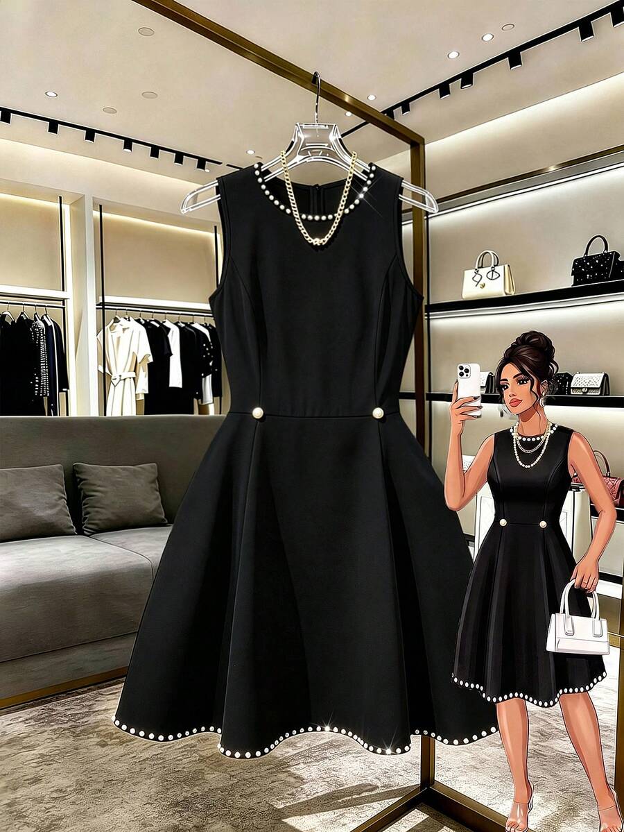 GlowEve CURVE Plus Size Sleeveless Solid Color A-Line Dress With Bubble Hem, Elegant Office Evening Party Wedding Guest Wear For Summer Black - Black - View 1