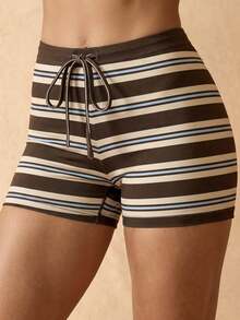 Silquee Pantalones cortos deportivos casuales a rayas con lazo en la cintura para mujer - Marrón - Ver 6