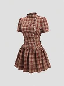 Sweetra Spring/Summer Fashion Design French Vintage Plaid Stand Collar Sweet Puff Short Sleeve Preppy Casual Commute Ruched A-Line Short Dress For Women - Burgundy - View 3
