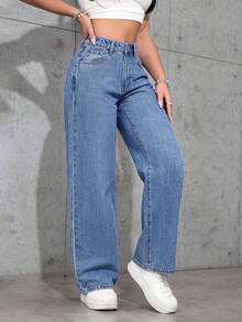 SHEIN PETITE 女款純色休閒丹寧牛仔褲 學校風 水藍色 夏季 小碼女款 - 中等水洗藍 - 查看 4