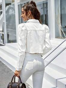 SHEIN Privé 女款羊腿袖單排扣休閒毛邊牛仔夾克 - 白色 - 查看 2