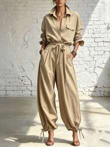 Breezaya Autumn Women's Clothing, Casual Suit, Business Suit, Khaki A-Line Shirt And Wide-Leg Ankle Trouser Set, Vacation, Fashion, Brunch OutfitSet - Khaki - View 7