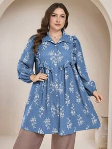 Lacomfia Casual Embroidered-Style Long Sleeve Loose Fit Regular Plus Size Shirt, Spring/Autumn - Blue - View 4