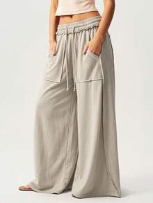Bohemela Casual Girlisim Knitted Snow-Washed Solid Color Patchwork Loose Wide-Leg Washed Women's Pants Golf Pastal - Khaki - View 6