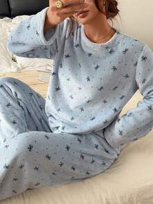 Napfluff Double-Sided Flannel Casual Polka Dot Bow Loose Fit Women's Pajama Set - Blue - View 5