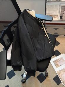 Franclia V-Neck Button Rhombus Stitching Women Padded Coat - Black - View 5
