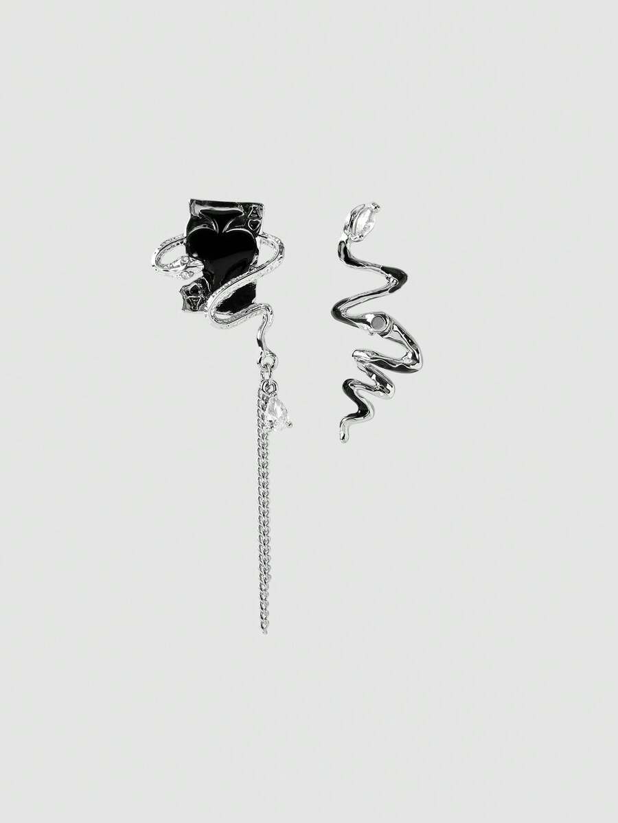 MortiRose Silver Serpentine Asymmetric Left And Right Different Spade A Retro Earrings - Silver - View 1