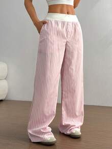Flirla Women's Striped Contrast Color Patchwork Pants Fall Cloth For Women - Pink - View 6