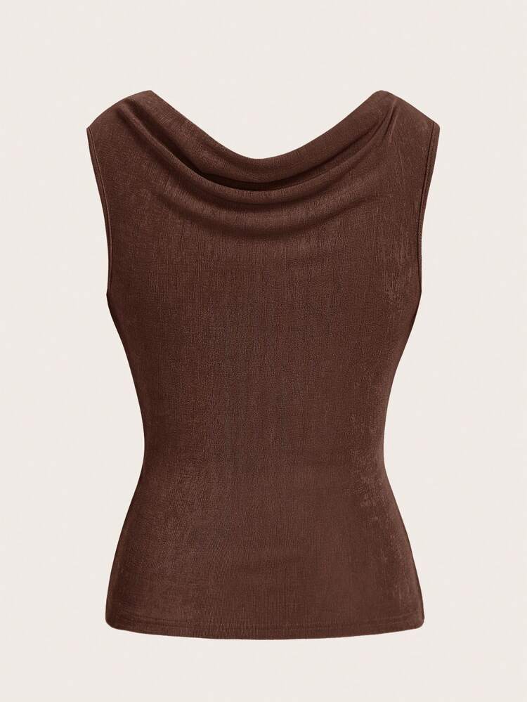 SHEIN ICON Casual Solid Color Draped Neck Ruched Fitted Tank Top - Coffee Brown - View 2