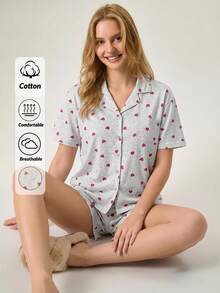 EURMUSE Cotton CURVE PLUS Women 2 Pcs Heart Pattern With Button Front Detail Short Sleeved Shirt%Shorts Homewear Comfort Pajama Set For Ladies - Multicolor - View 1