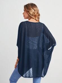 EMERY ROSE Women's Plain Color Batwing Sleeve Loose Casual Open Front Short Jacket, Summer In Fall/Winter - Navy Blue - View 2